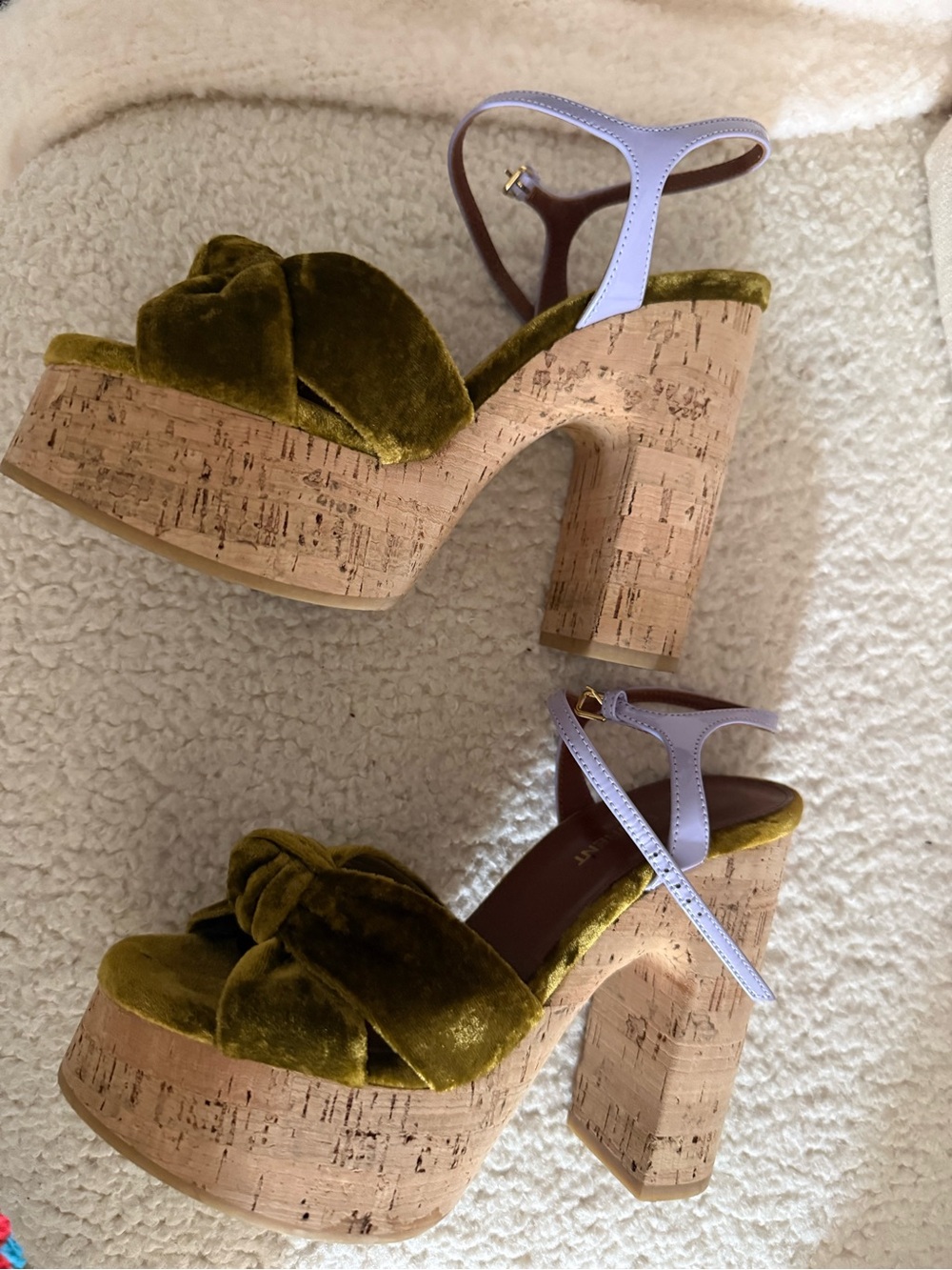 Saint Laurent Bianca Olive Velvet Knot Platforms with Lilac Ankle Straps, EU 36